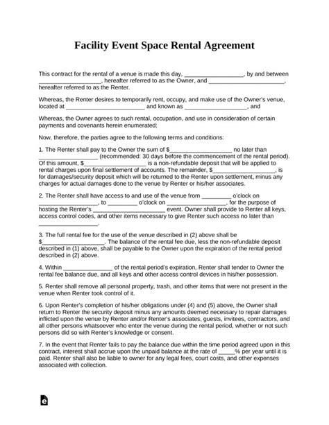 Free Facility Event Space Rental Agreement Template | PDF | WORD